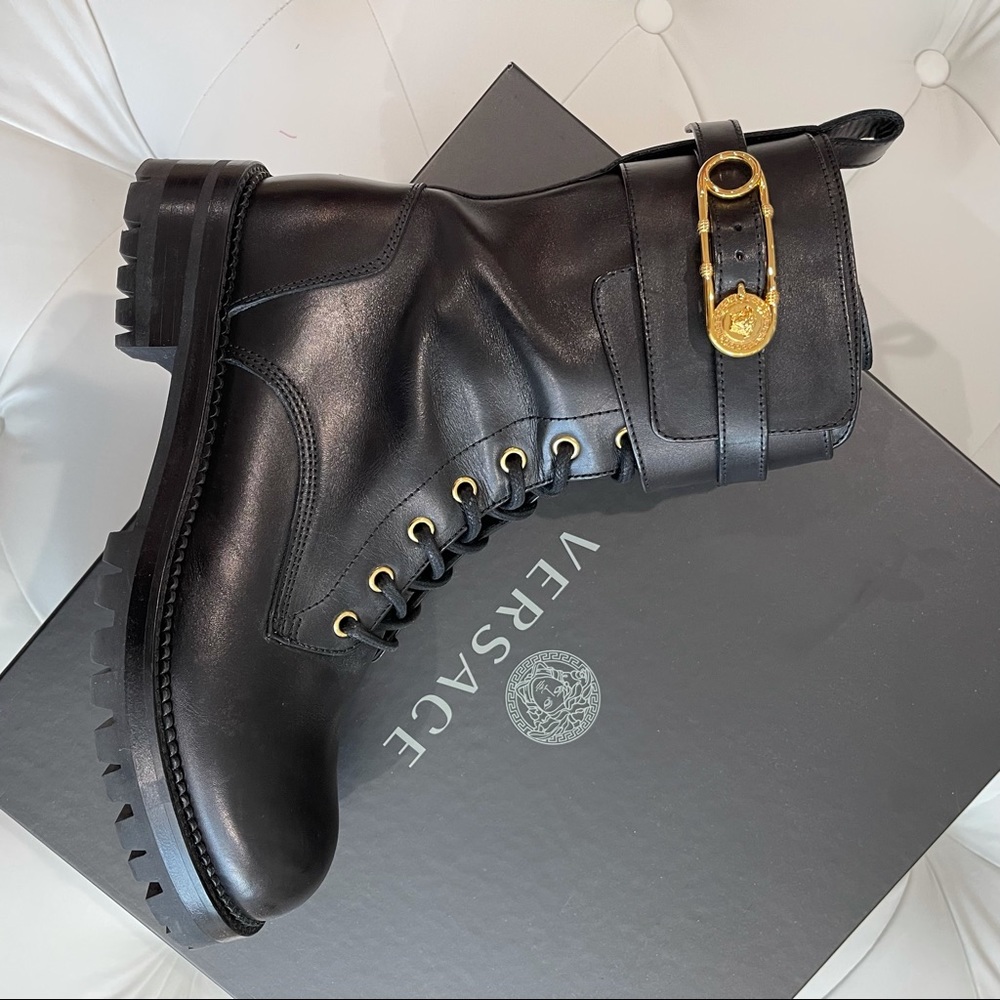 SOLD🚫VERSACE Leather Safety Pin Combat Boots, 40 10 - Picture 7 of 13